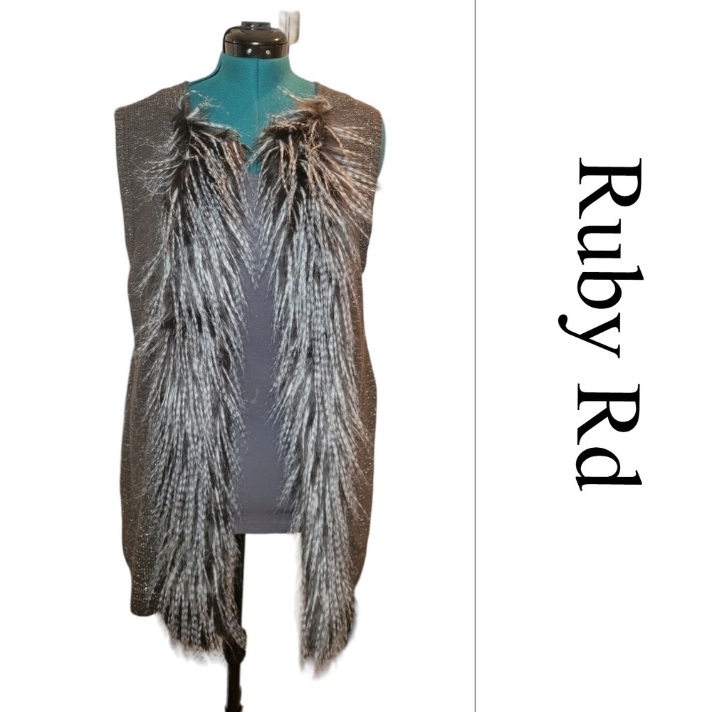 Ruby Rd Womens Gray Metallic Knit Faux Fur Trim Open Front Sweater Vest Large